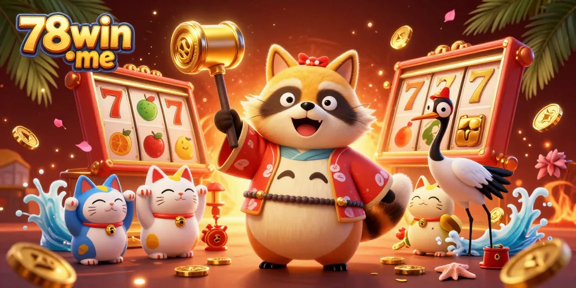 Engage with 78win me's exciting cartoon casino scene featuring cheerful characters and vibrant slot reels.