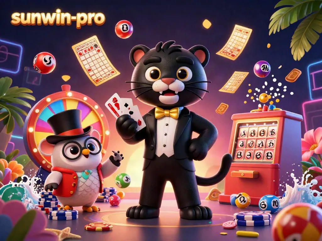 Experience thrilling gameplay with sunwin-pro, featuring a tuxedo panther dealing cards amidst colorful lottery elements.