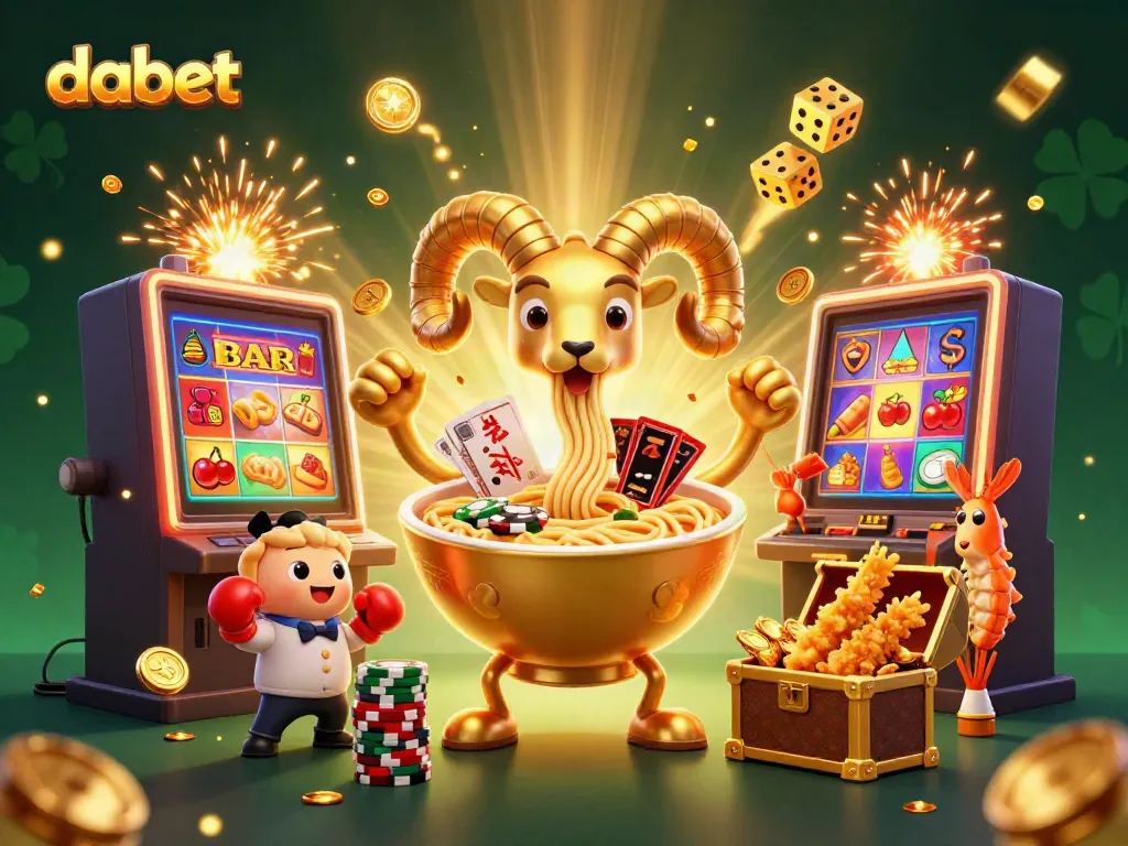 Dabet features an energetic 3D casino scene with a golden ramen bowl character and vibrant jackpot elements.