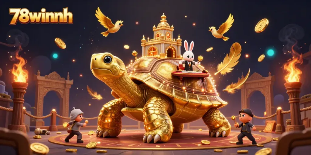 Experience the thrilling world of 78winnh with a vibrant golden tortoise and lively dealers in a dynamic casino setting.