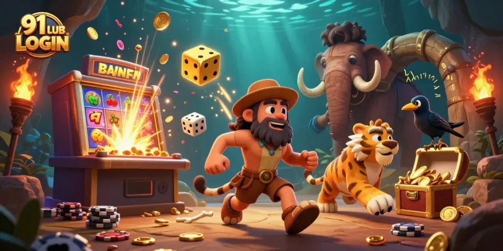 Experience the thrill of 91 CLUB LOGIN with a dynamic casino scene featuring cartoon cavemen and epic slot machine action.