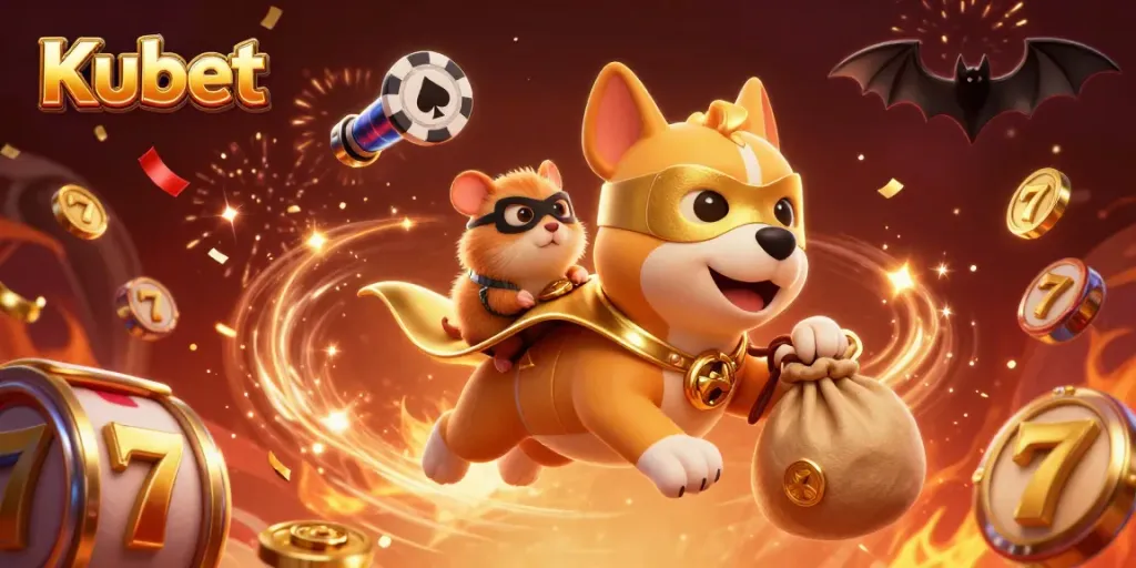 Kubet offers thrilling casino action with a superhero dog and hamster amidst dynamic slot reels.