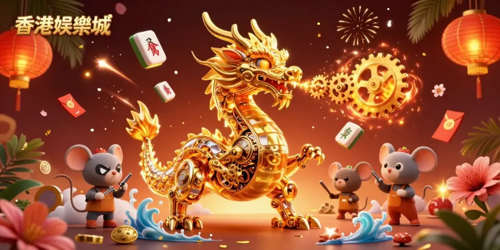 Engage in exciting gaming at 香港娛樂城, featuring a whimsical golden dragon and dynamic casino elements.
