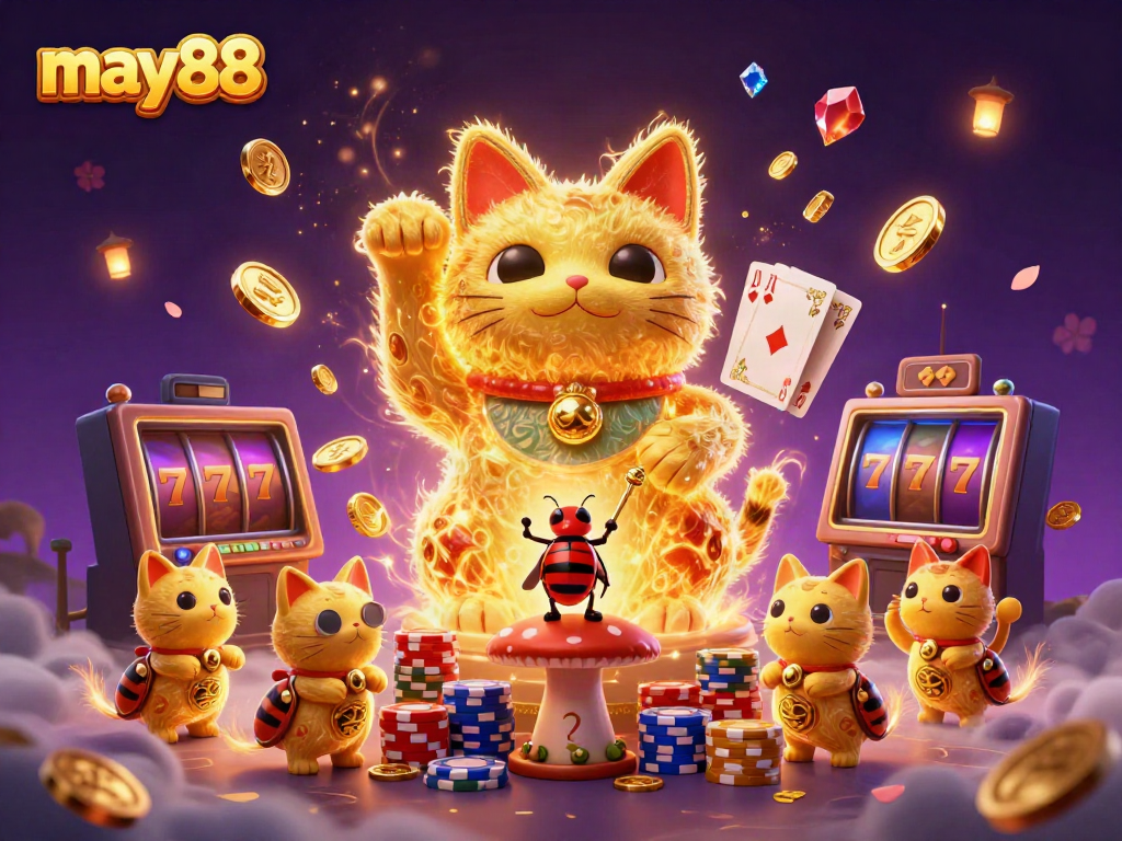 Engaging may88 illustration showcasing a giant lucky cat with casino symbols amid cascading coins and vibrant poker elements.