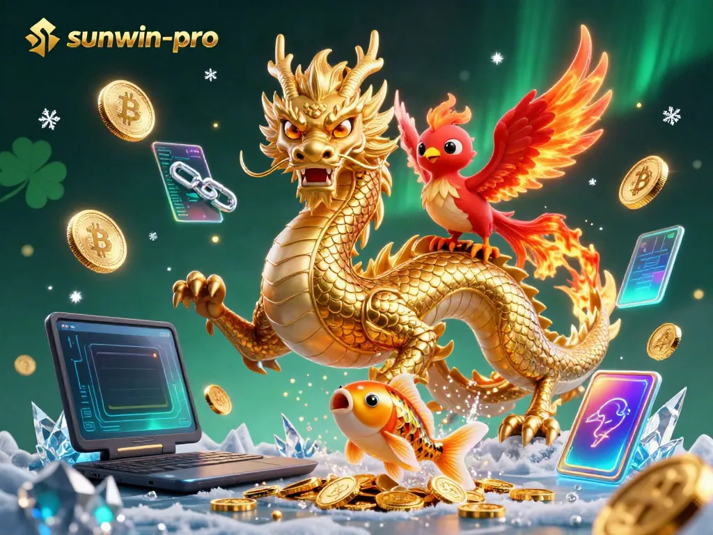 Experience the thrill of sunwin-pro with a dynamic 3D illustration of a golden dragon, phoenix, and koi fish amidst crypto elements.