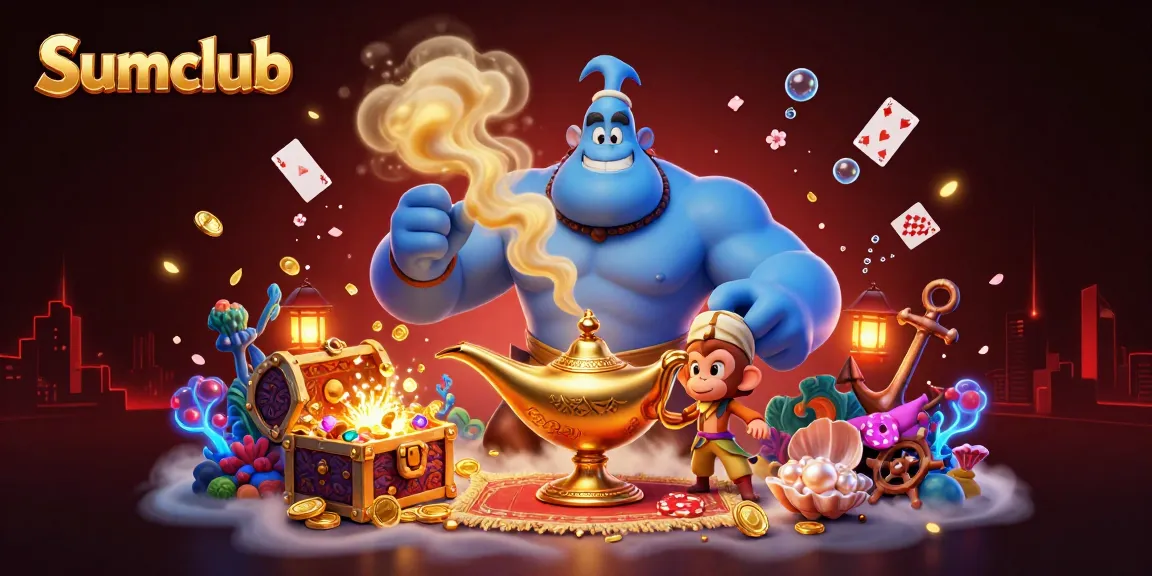 Experience thrilling action at Sumclub with a vibrant 3D illustration featuring a blue genie, poker chips, and magical treasures.