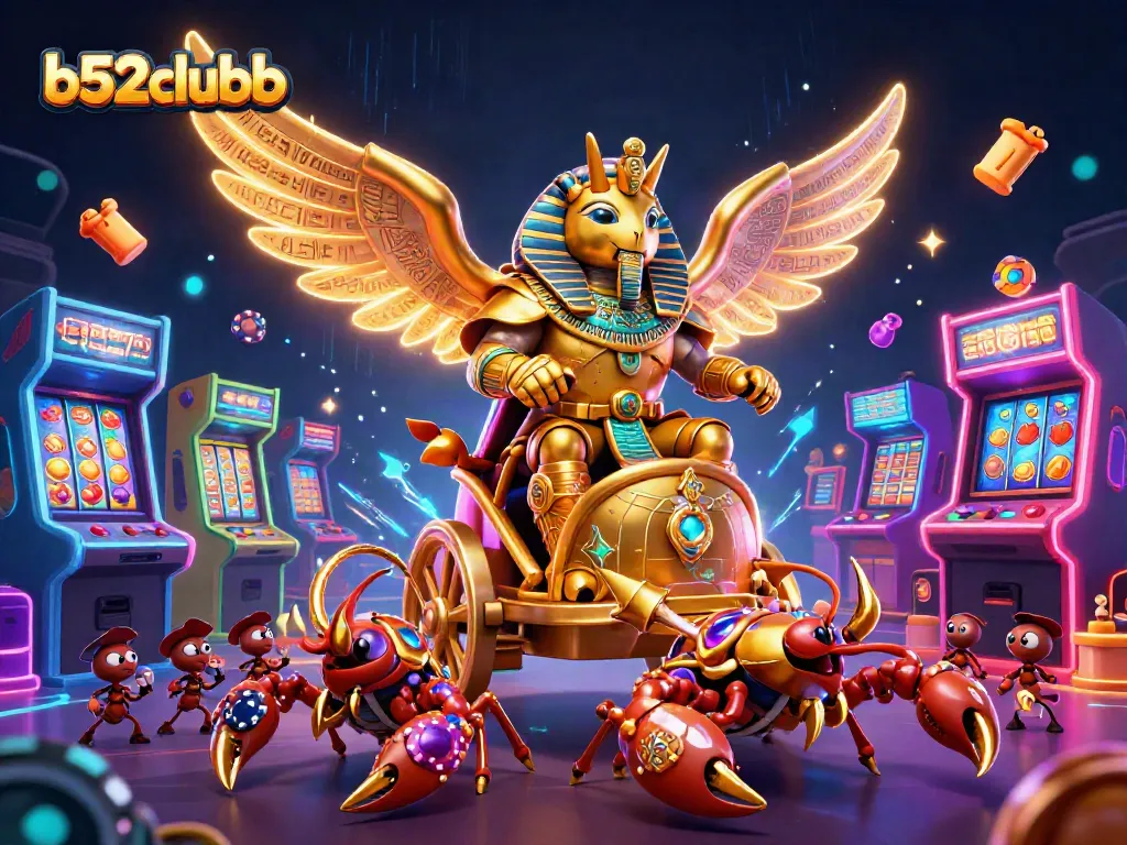 Engage with b52clubb's vibrant slot gaming scene featuring a golden scarab beetle and dynamic casino elements.