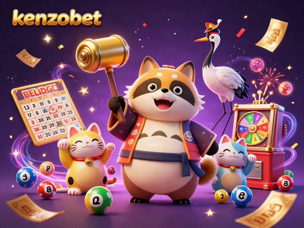 Kenzobet presents a lively scene with a cartoon tanuki, lucky symbols, and dynamic fun elements celebrating casino gaming.