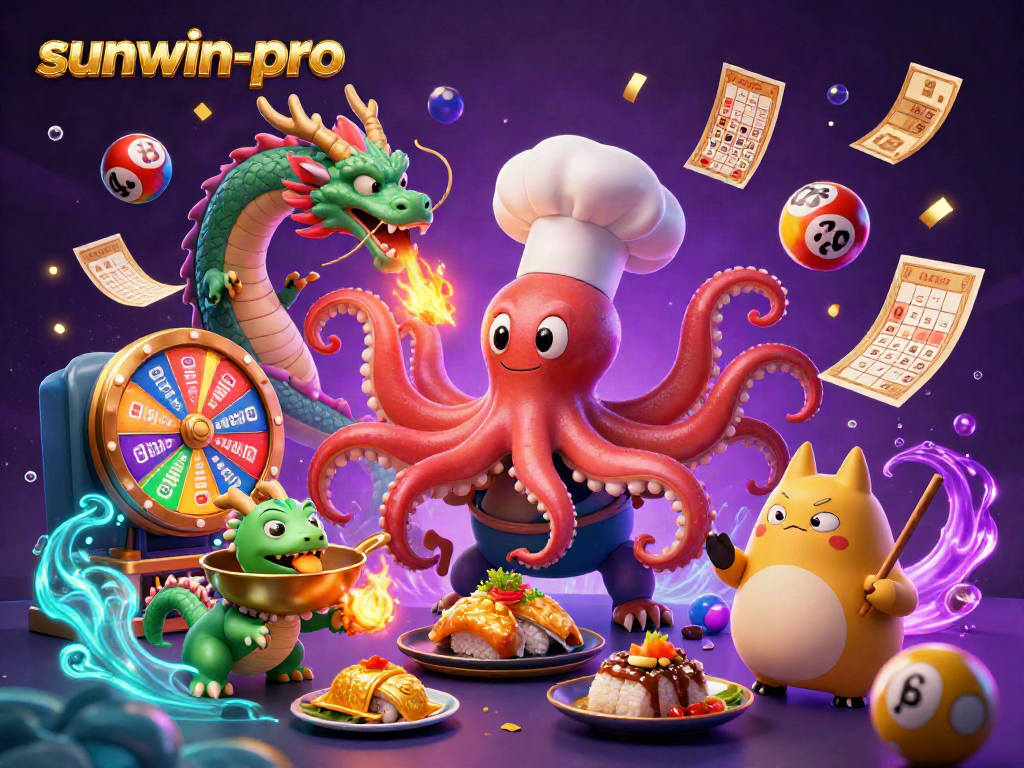 Experience the thrilling world of sunwin-pro with vibrant casino games and characters in this dynamic illustration.