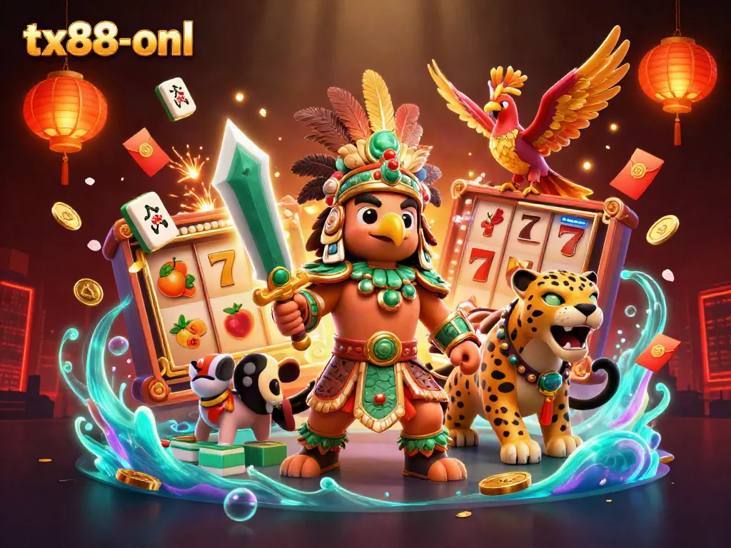 Spin the reels with tx88-onl in a vibrant casino scene featuring Aztec and gaming elements.