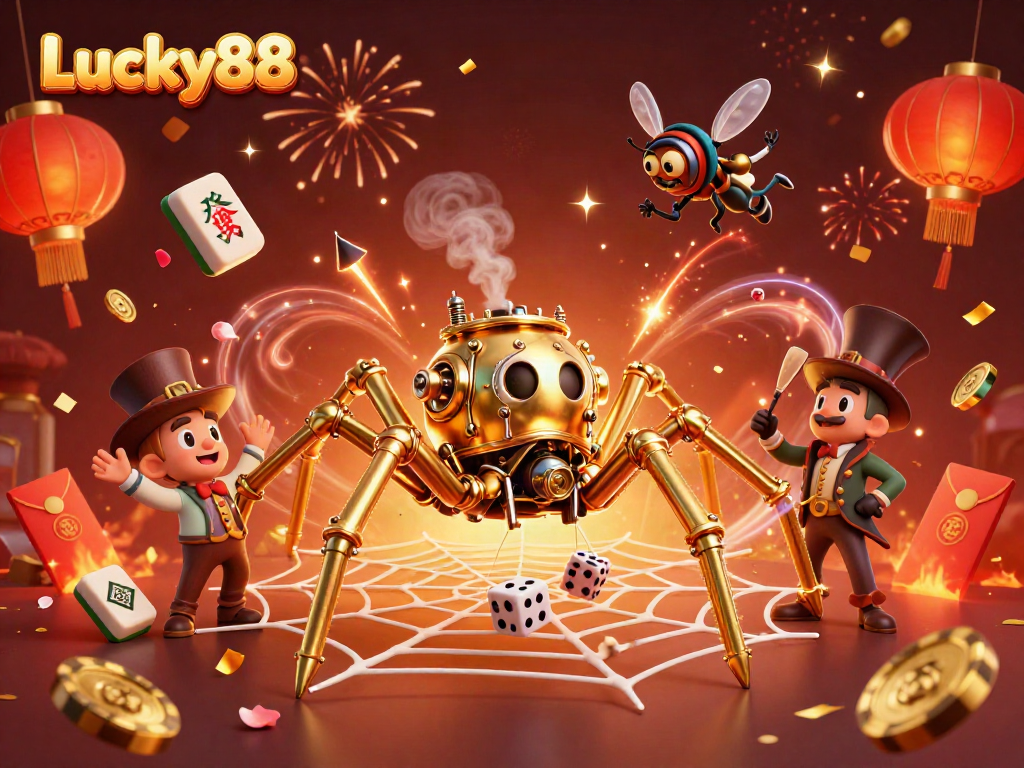 Experience the excitement of Lucky88 with a golden steampunk spider and vibrant casino elements.