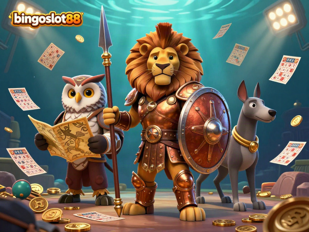 Permainan bingo menarik dengan bingoslot88 di tengah karakter prajurit, burung hantu, dan anjing.