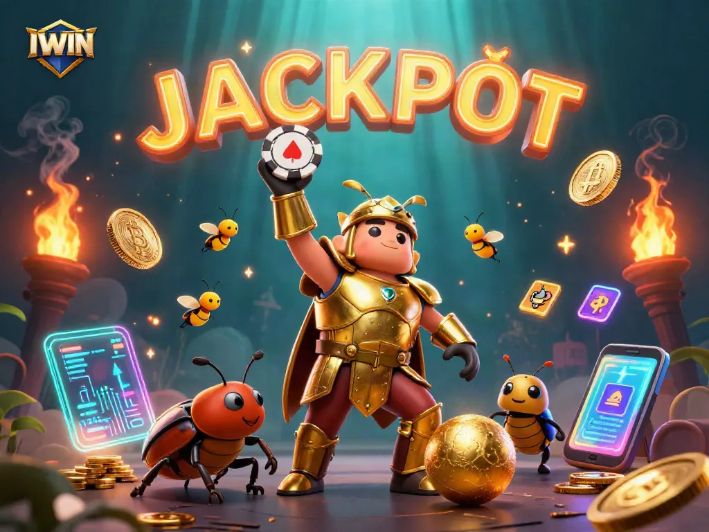 IWIN jackpot scene featuring a heroic beetle and golden elements with vibrant casino symbols