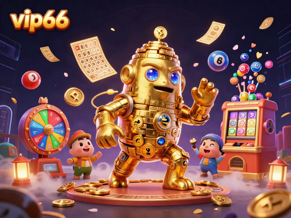 Engage with vip66's world of exciting games featuring a golden golem amidst vibrant gambling elements.