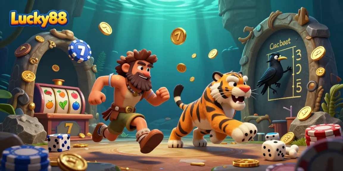 Engage in thrilling gameplay at Lucky88 with a vibrant casino scene featuring prehistoric characters and dynamic symbols.