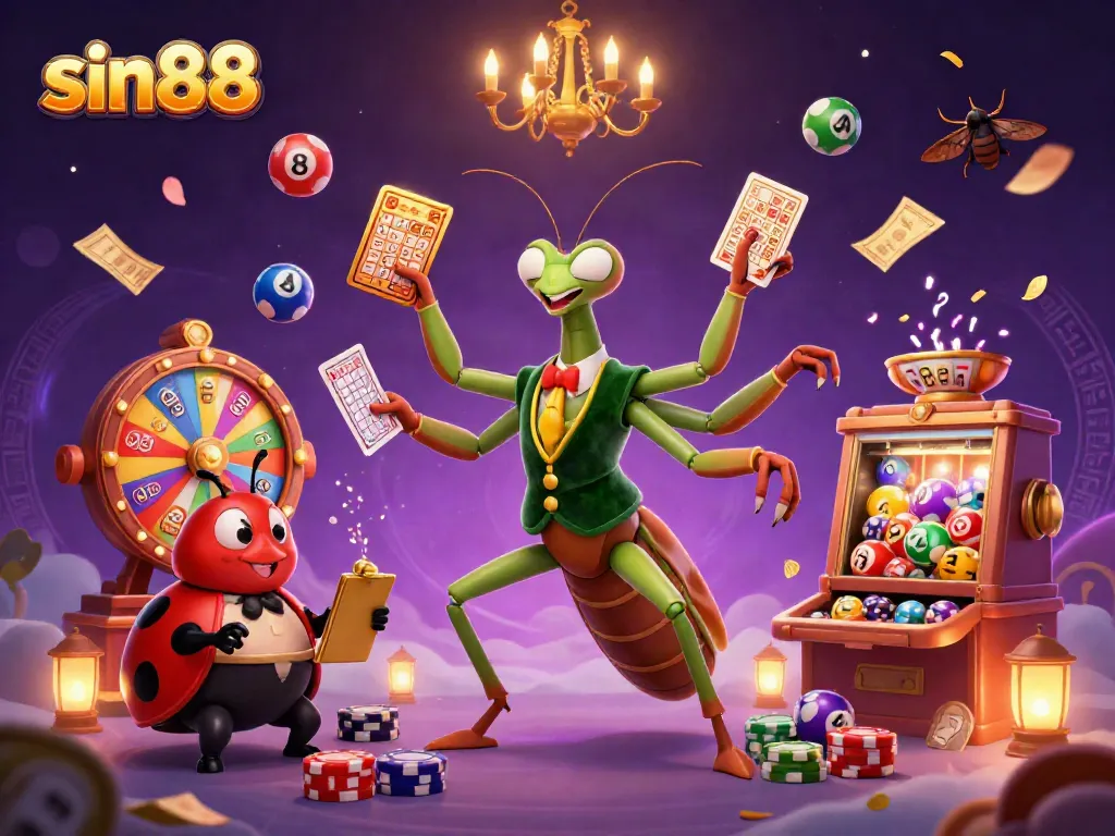 Experience the thrilling world of sin88 with a vibrant fantasy scene featuring a giant mantis card sharp, ladybug pit boss, and exciting gaming elements!
