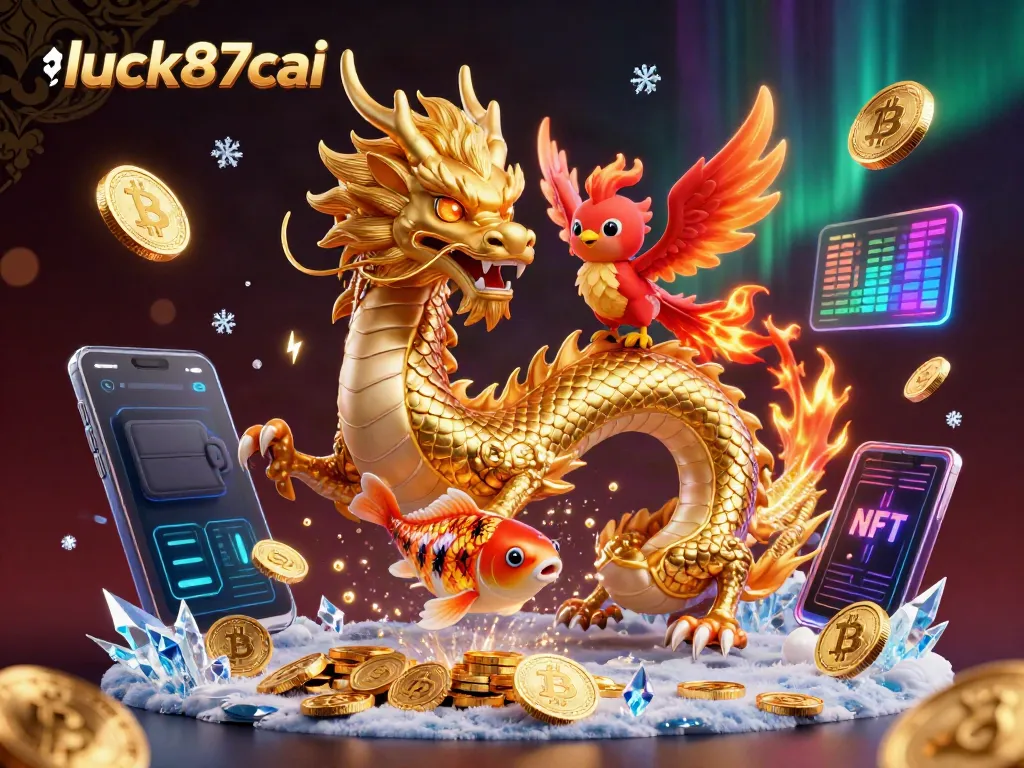 Engage with luck87cai’s vibrant gaming scene featuring a dragon, koi fish, and crypto elements.