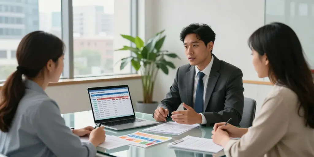 Payday Loans Co Edmonton consultation with financial advisor and couple in modern office.