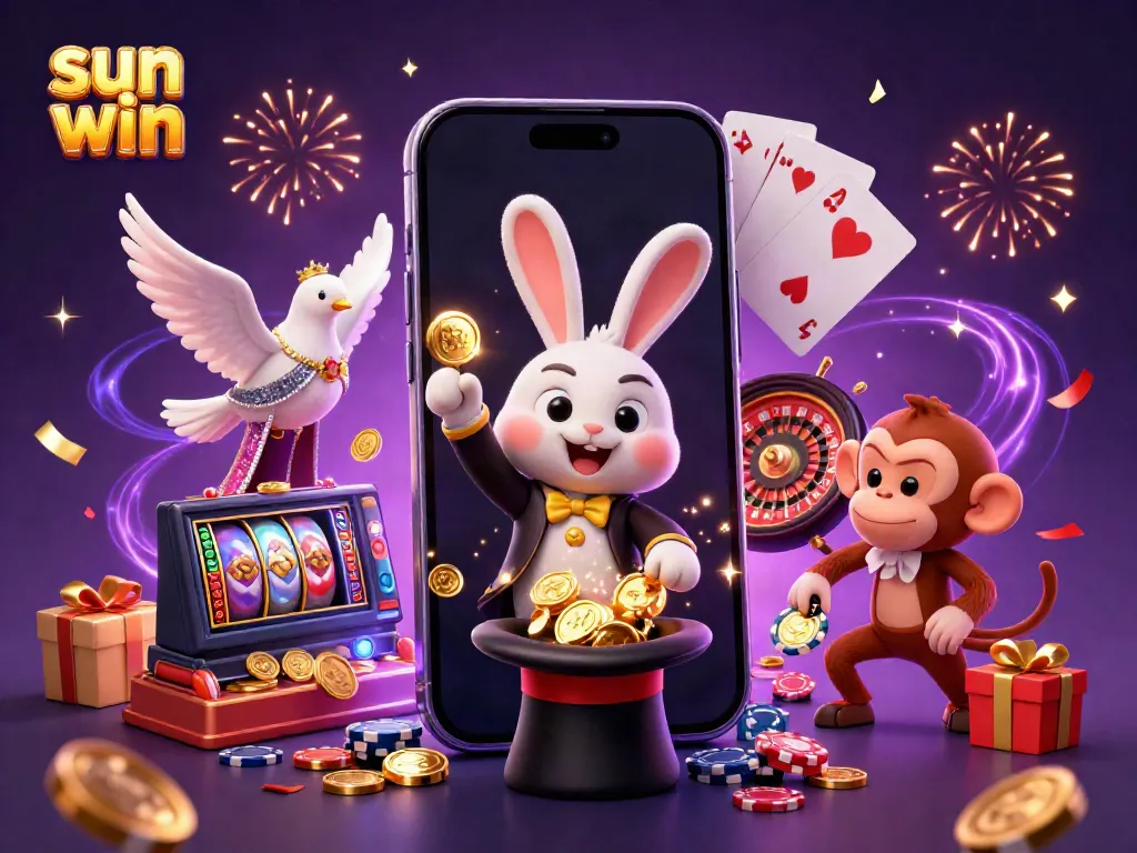 Experience the thrill of sun win with a magician rabbit, dove, and monkey in a vibrant casino scene.