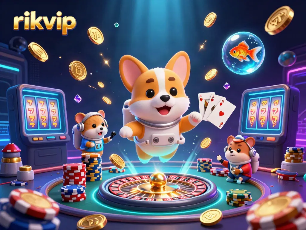 Experience the excitement of rikvip with vibrant casino-themed 3D illustration featuring lucky symbols.