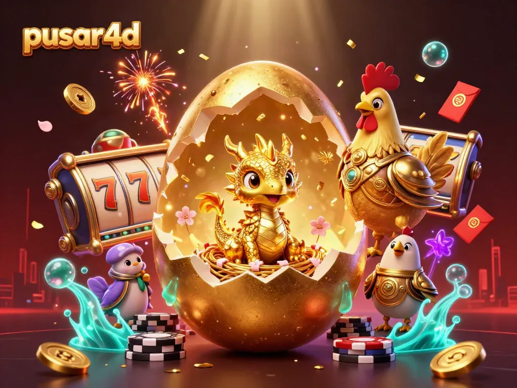 Pusar4d's vibrant 3D scene showcases a golden dragon amid slot reels and festive decorations for gamblers.