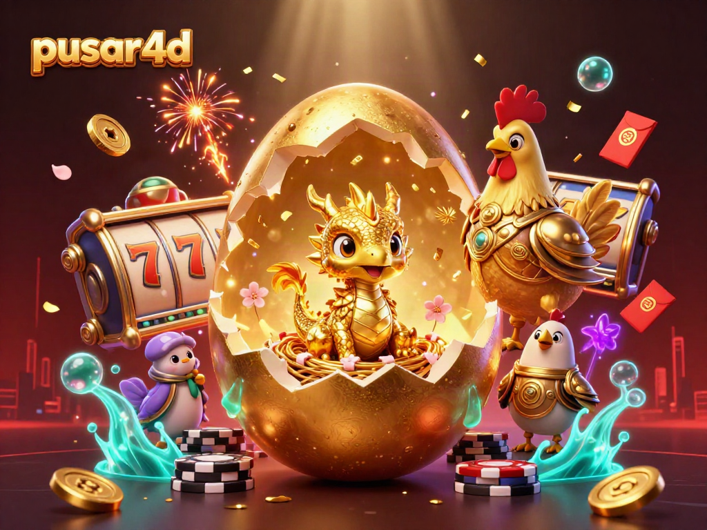 Pusar4d's vibrant 3D scene showcases a golden dragon amid slot reels and festive decorations for gamblers.