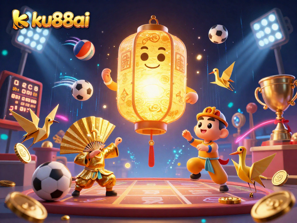 Experience the vibrant energy of ku88ai sportsbook with glowing sports elements and lucky symbols.