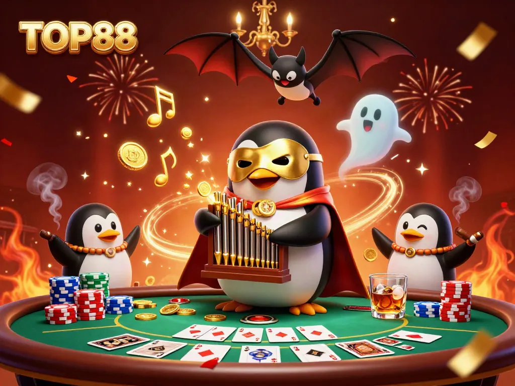 Engage with the vibrant world of TOP88 as a phantom opera penguin delights at a lavish poker scene.