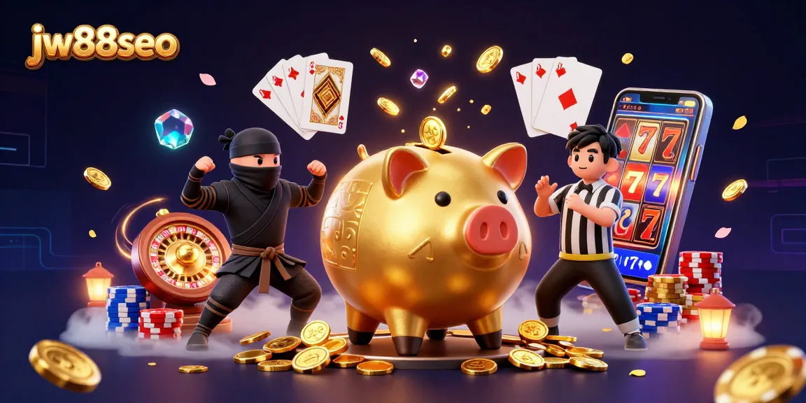 An energetic scene featuring jw88seo with a golden piggy bank sumo wrestler, wallet-ninja, and samurai referee amidst swirling coins and lights.