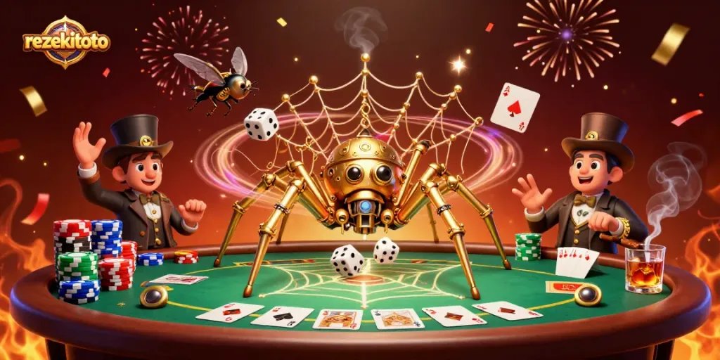 Experience thrilling gameplay on rezekitoto with a festive poker scene showcasing unique characters and dynamic elements.