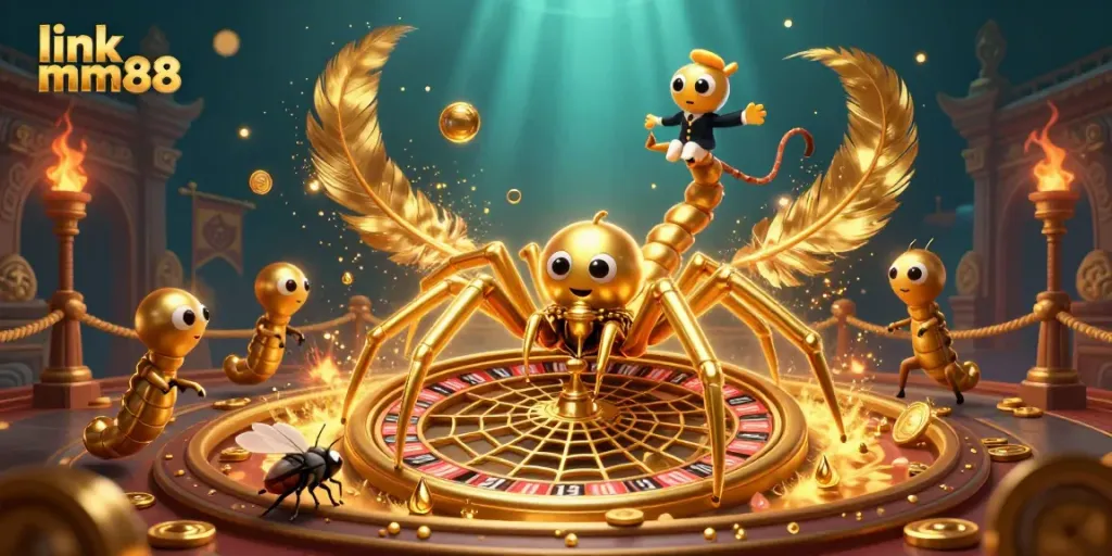 Engage with thrilling gameplay at link mm88 as a golden spider weaves a roulette wheel in a vibrant casino atmosphere.
