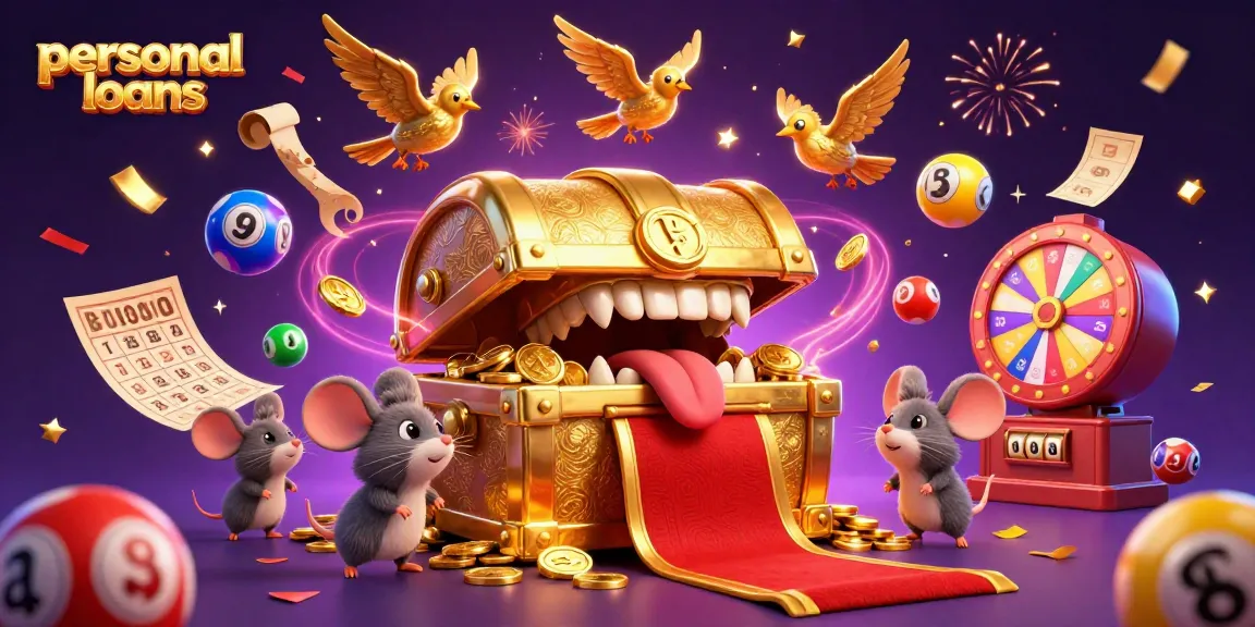 Win big with personal loans illustrated by a treasure chest in a vibrant casino scene.