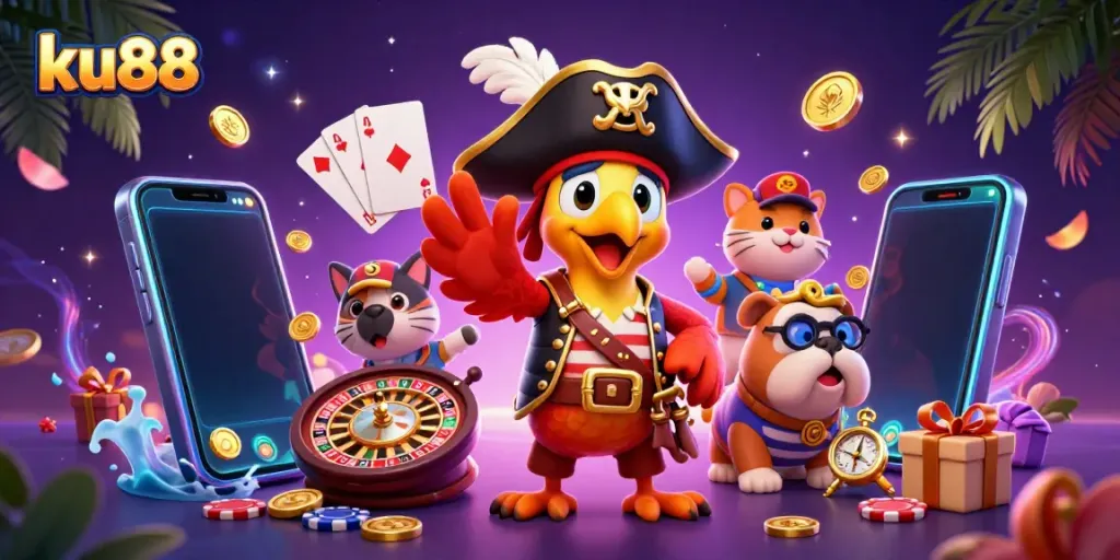 ku88 players engaging in vibrant slot games with a treasure-filled 3D scene.