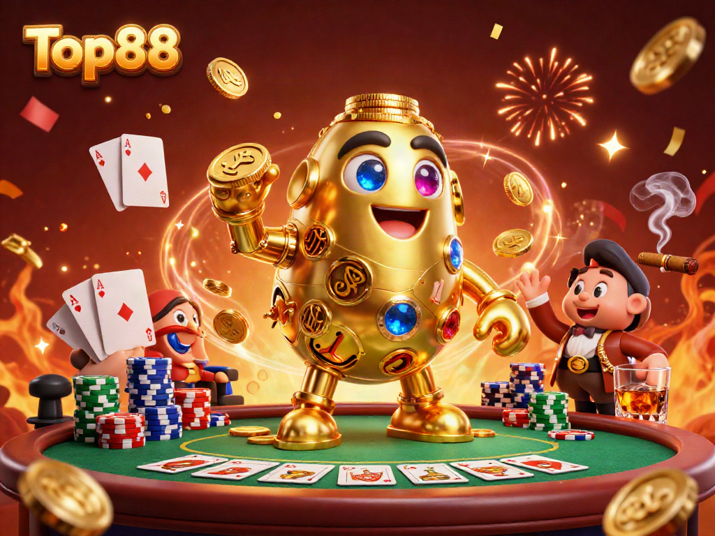 Engage with Top88's vibrant casino scene featuring a golden golem, poker elements, and celebratory atmosphere.
