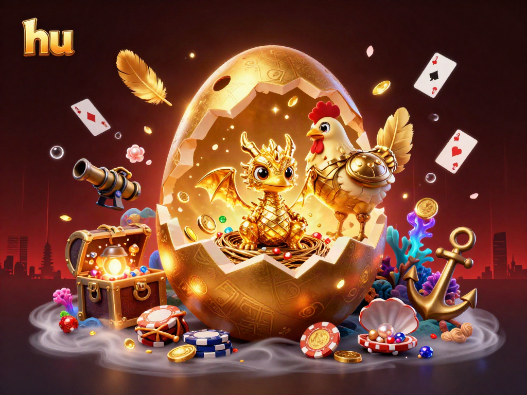 Engage with dynamic casino action featuring hu's golden dragon on a nest of poker chips.