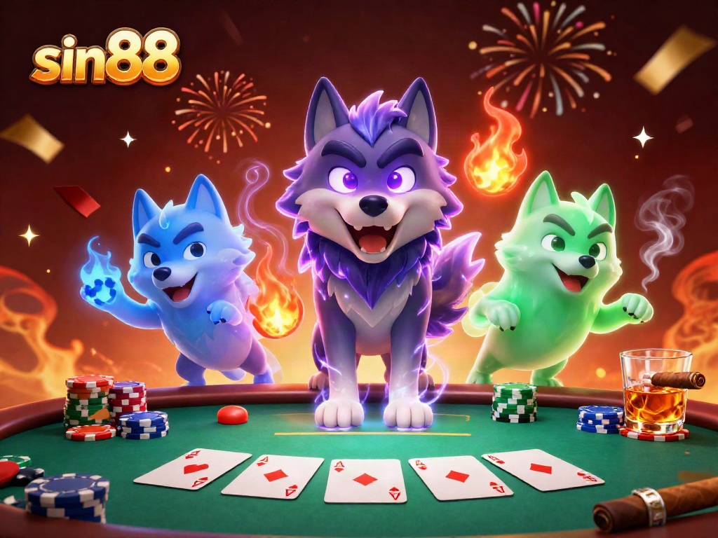 Experience thrilling wins at sin88 with a dramatic poker scene featuring wolves and dynamic gameplay.
