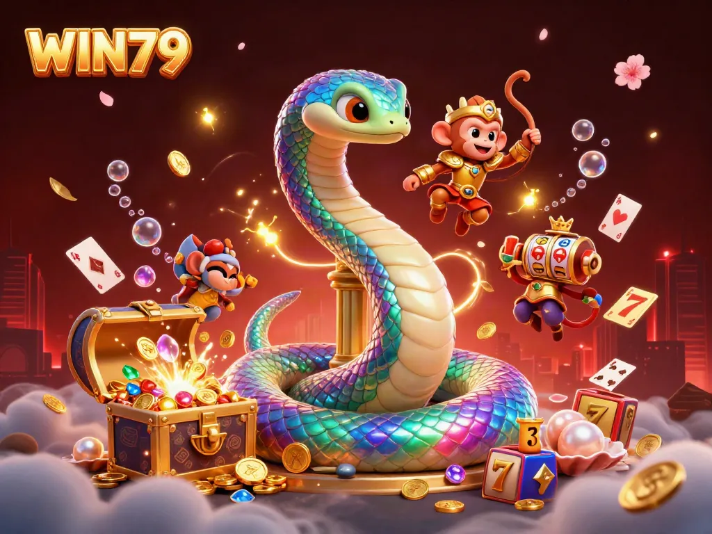 WIN79 gaming illustration showcasing vibrant casino elements with a magical serpent and king monkey.