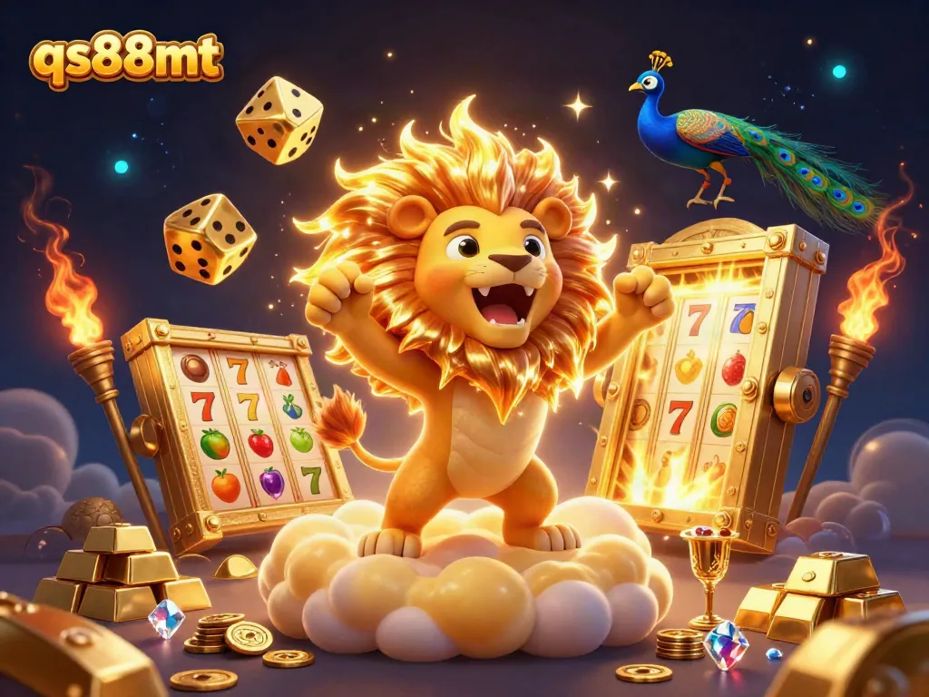 Experience thrilling gaming with qs88mt featuring a majestic lion and golden elements in a vibrant casino atmosphere.