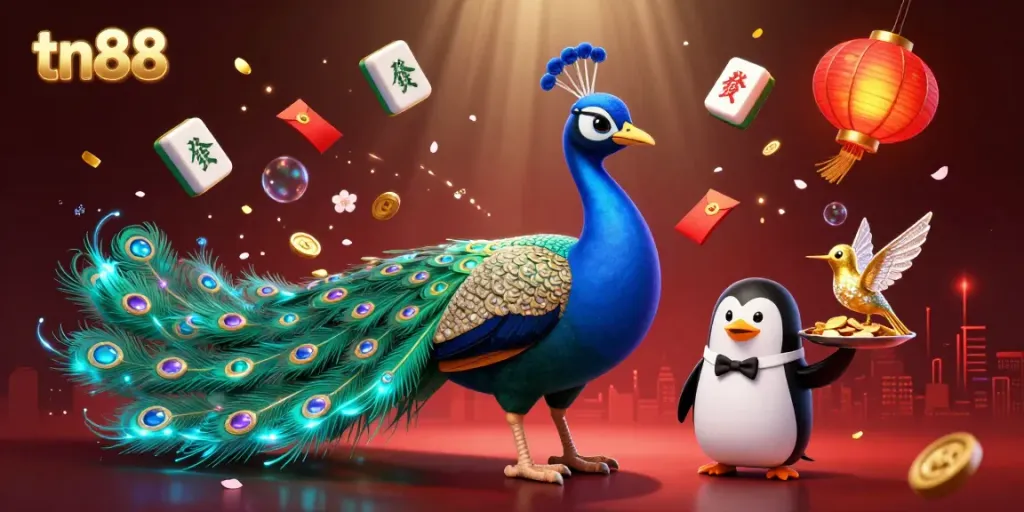Experience the vibrant world of tn88 with an aristocratic peacock and a butler penguin in a dynamic casino scene.