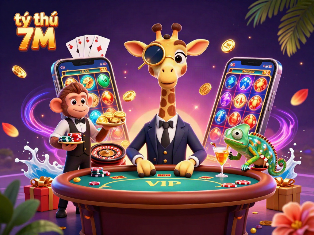 Experience the thrilling tỷ lệ 7M dynamic online betting with a colorful illustration of a high-roller giraffe at a poker table.