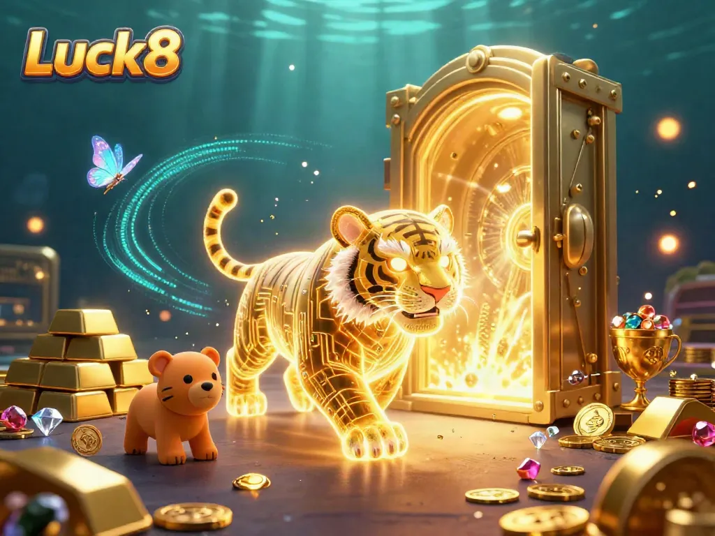 Luck8 features a golden tiger in a digital casino landscape, symbolizing excitement and gaming