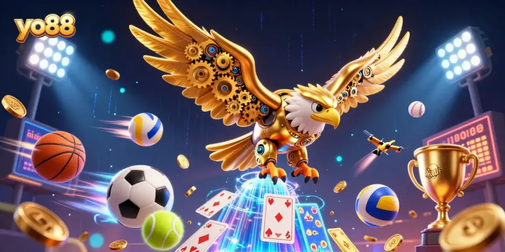 Engage with dynamic sports action featuring yo88 in a lively gambling scene of animated 3D characters.