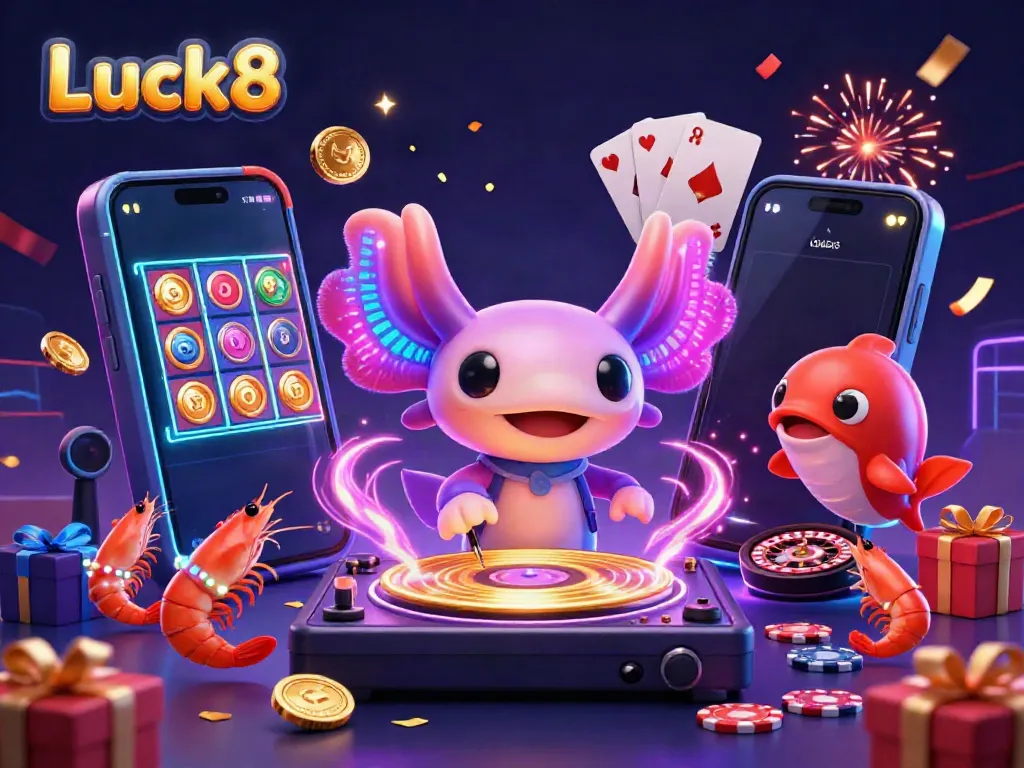 Luck8 showcases vibrant 3D casino elements, including a colorful axolotl DJ and gaming symbols, for an exciting atmosphere.