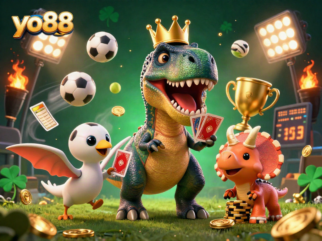 Experience the thrill of gambling with yo88 in this vibrant 3D scene featuring unique characters and exciting game elements.