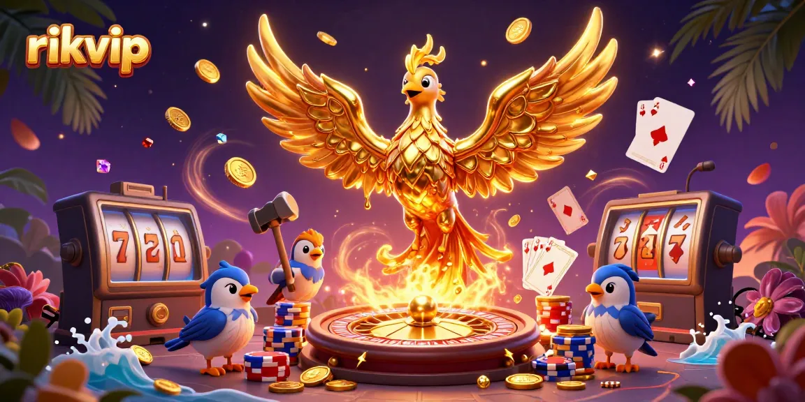 Experience thrilling gaming at rikvip with a molten gold phoenix and vibrant casino elements.