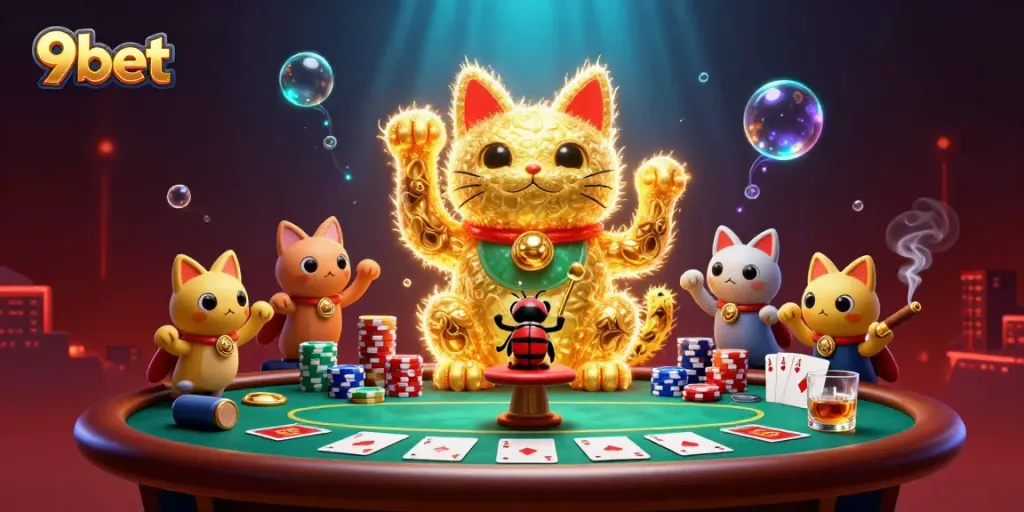 Experience the vibrant world of 9bet casino with a giant lucky cat and dynamic casino elements.