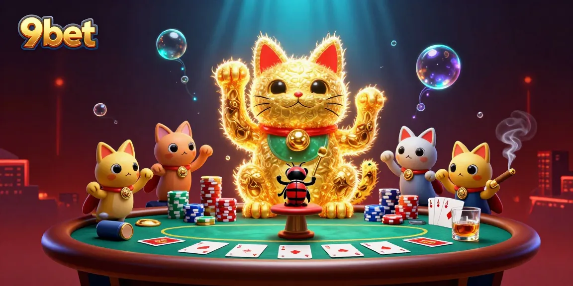 Experience the vibrant world of 9bet casino with a giant lucky cat and dynamic casino elements.