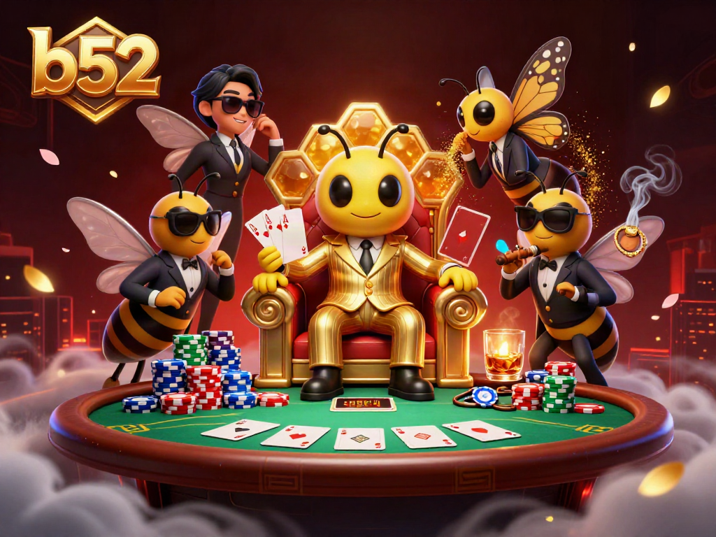 Engaging scene depicting b52 gaming with a bumblebee mob boss and wasp bodyguards at a lavish poker table.