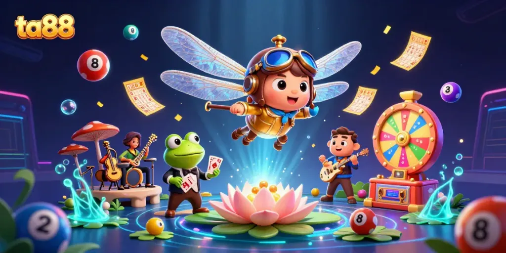 Experience ta88 excitement with a 3D dragonfly pilot and jazz frog croupier in a vibrant casino scene.