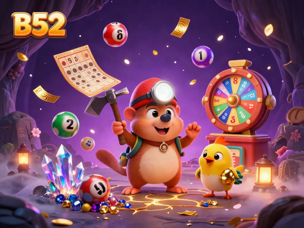 Experience B52 gaming excitement with a treasure hunter and lottery elements in this vibrant 3D illustration.